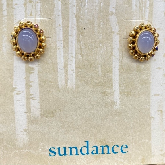 Sundance catalog Moonstone post earrings. Bead Bezel 925 gold fill. Vintage NWOT - Picture 2 of 8